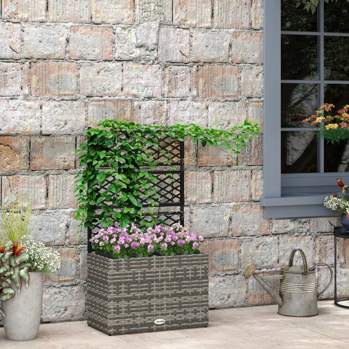 Outsunny Garden PE Rattan Planter Box with Trellis Flower Raised Bed 57x30x107cm by Outsunny