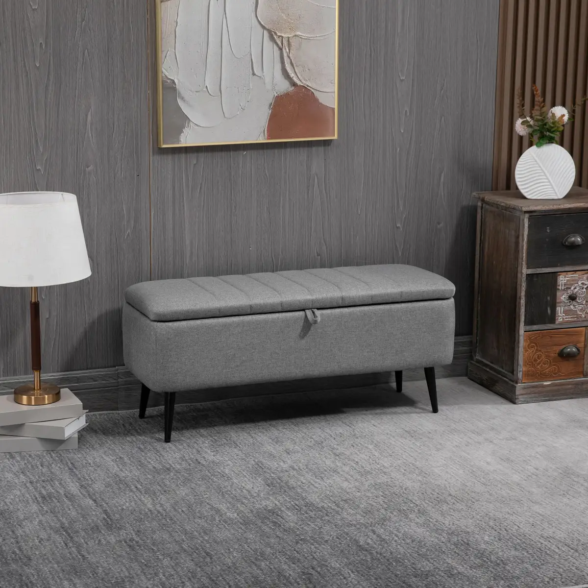 Storage Ottoman Bench, Linen Fabric Footstool with Steel Legs Grey by HOMCOM