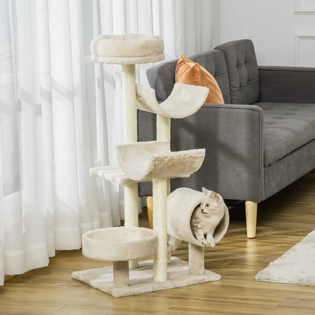 Multi-Level Large Cat Tree Scratching Post Perch Play Center Tunnel Beige by Pawhut