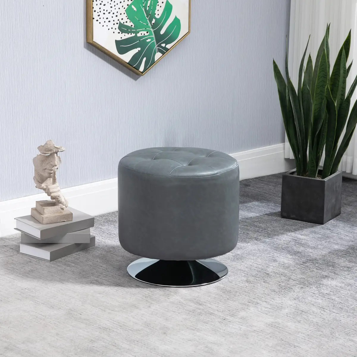 360 Swivel Foot Stool PU Ottoman w/ Thick Padding & Steel Base, Grey by HOMCOM