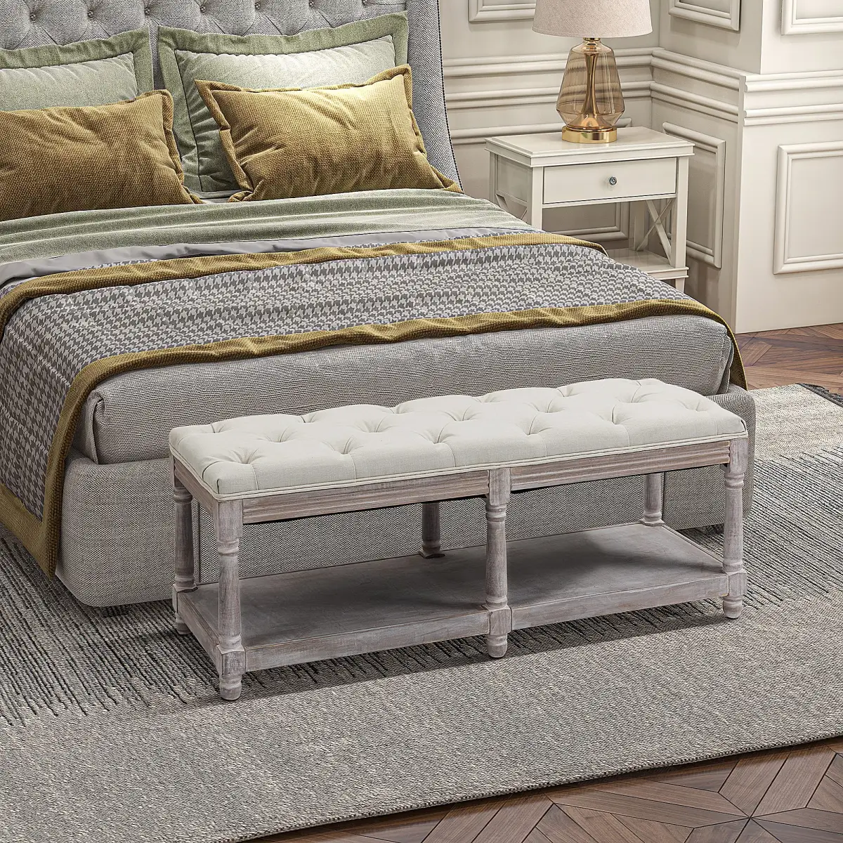 HOMCOM 2-Tier Bed End Bench, Vintage Stool Button Tufted Seat Cream White by Unbranded