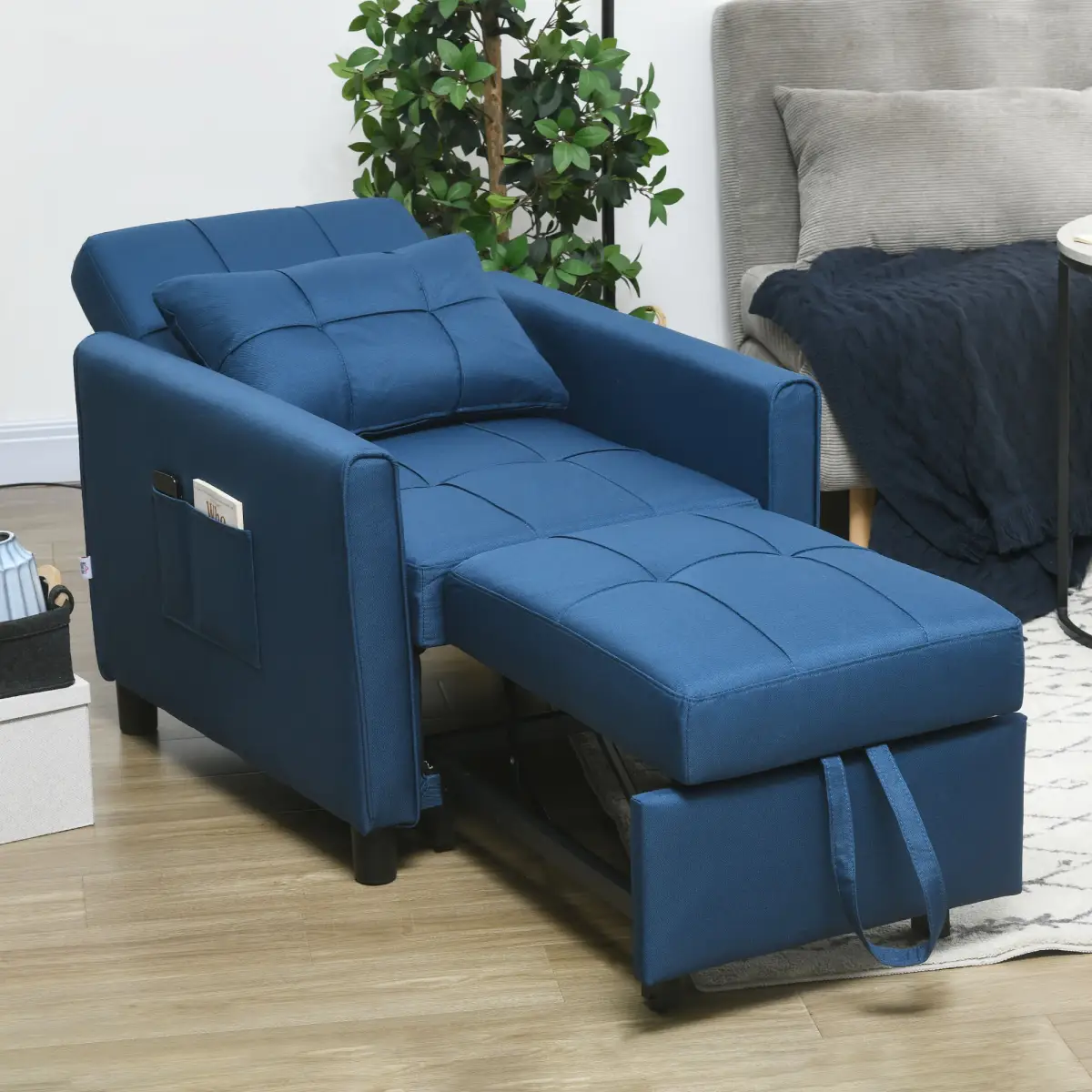 HOMCOM Pull Out Chair Bed, Sleeper Chair with Pillow, Side Pockets, Blue by HOMCOM