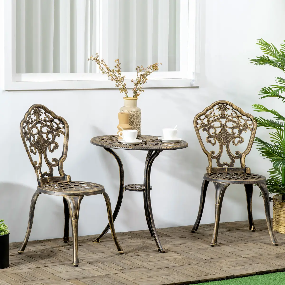 3 Piece Cast Aluminium Garden Bistro Set with Parasol Hole for Balcony, Patio by Outsunny