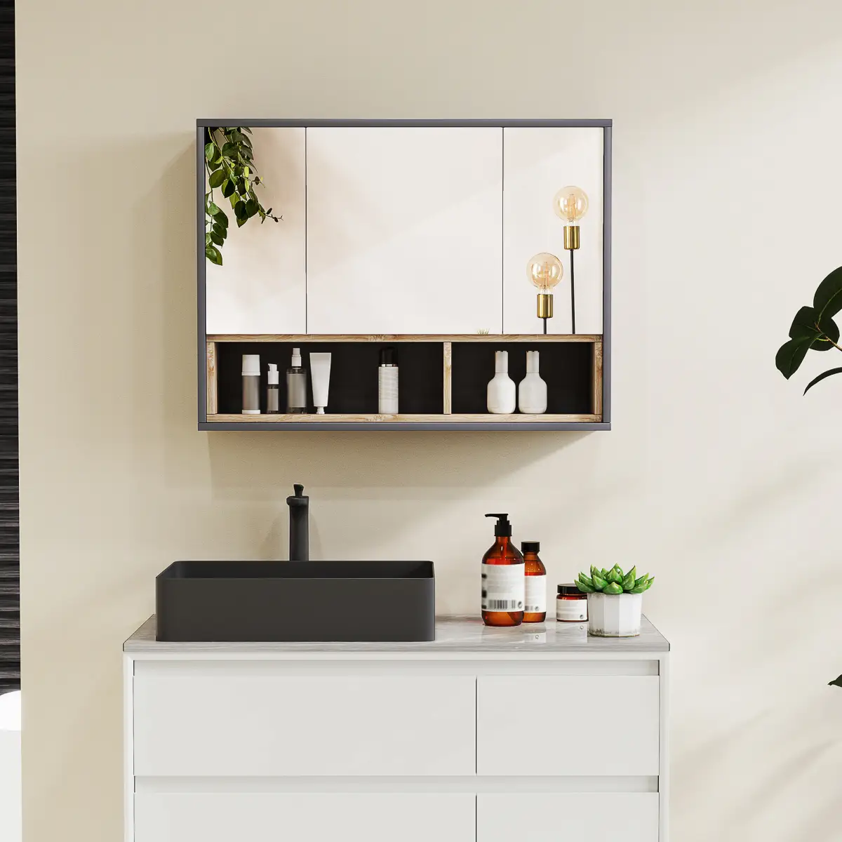 HOMCOM Bathroom Cabinet Wall Mounted Mirror Storage with Shelves Grey by HOMCOM