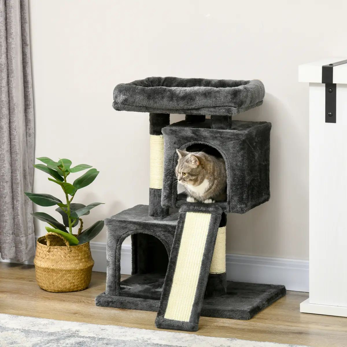 Cat Rest & Play Activity Tree w/ 2 House Perch Scratching Post Black Pawhut by Unbranded