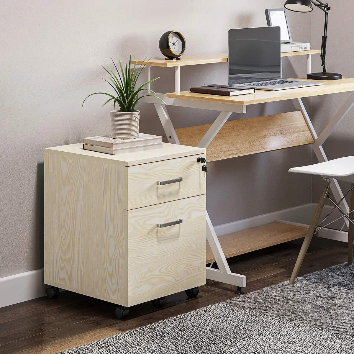 2-Drawer Locking Office Filing Cabinet 5 Wheels Rolling Storage Oak Vinsetto by Unbranded