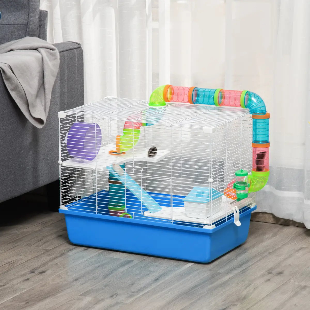 Hamster Cage Rodents House w/ Tubes Exercise Wheel, Water Bottle - Blue by Pawhut