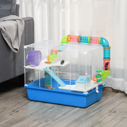 Hamster Cage Rodents House w/ Tubes Exercise Wheel, Water Bottle - Blue by Pawhut