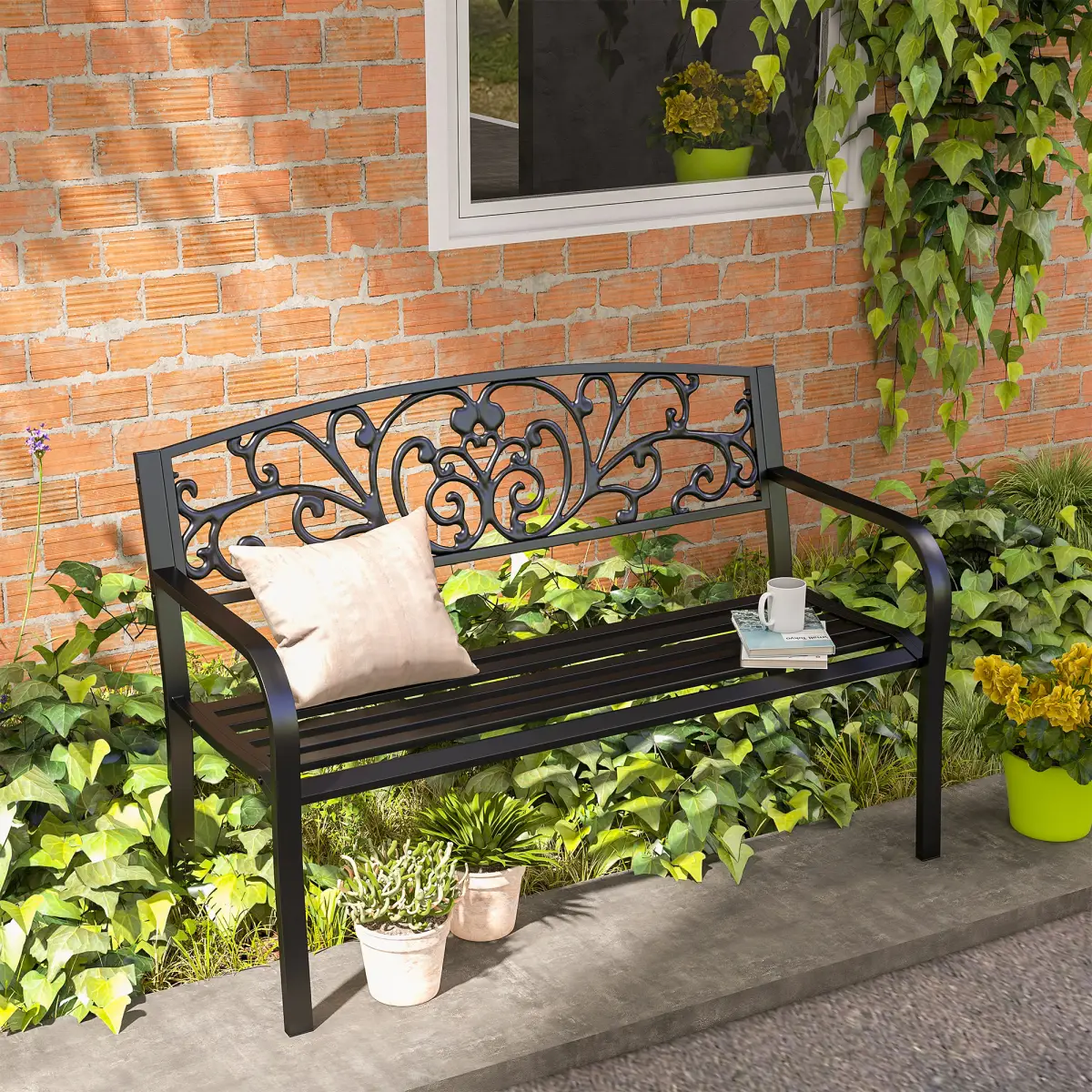2-Seater Garden Bench, Steel-Black by Outsunny