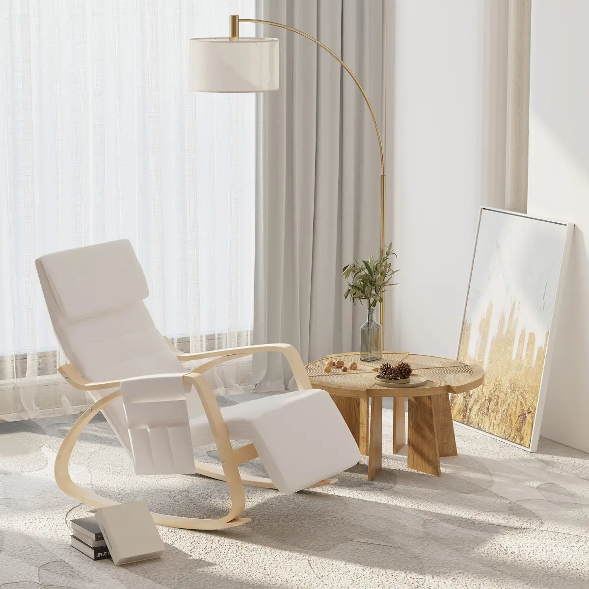 Rocking Chair Recliner Armchair with Adjustable Footrest, Cream White by HOMCOM