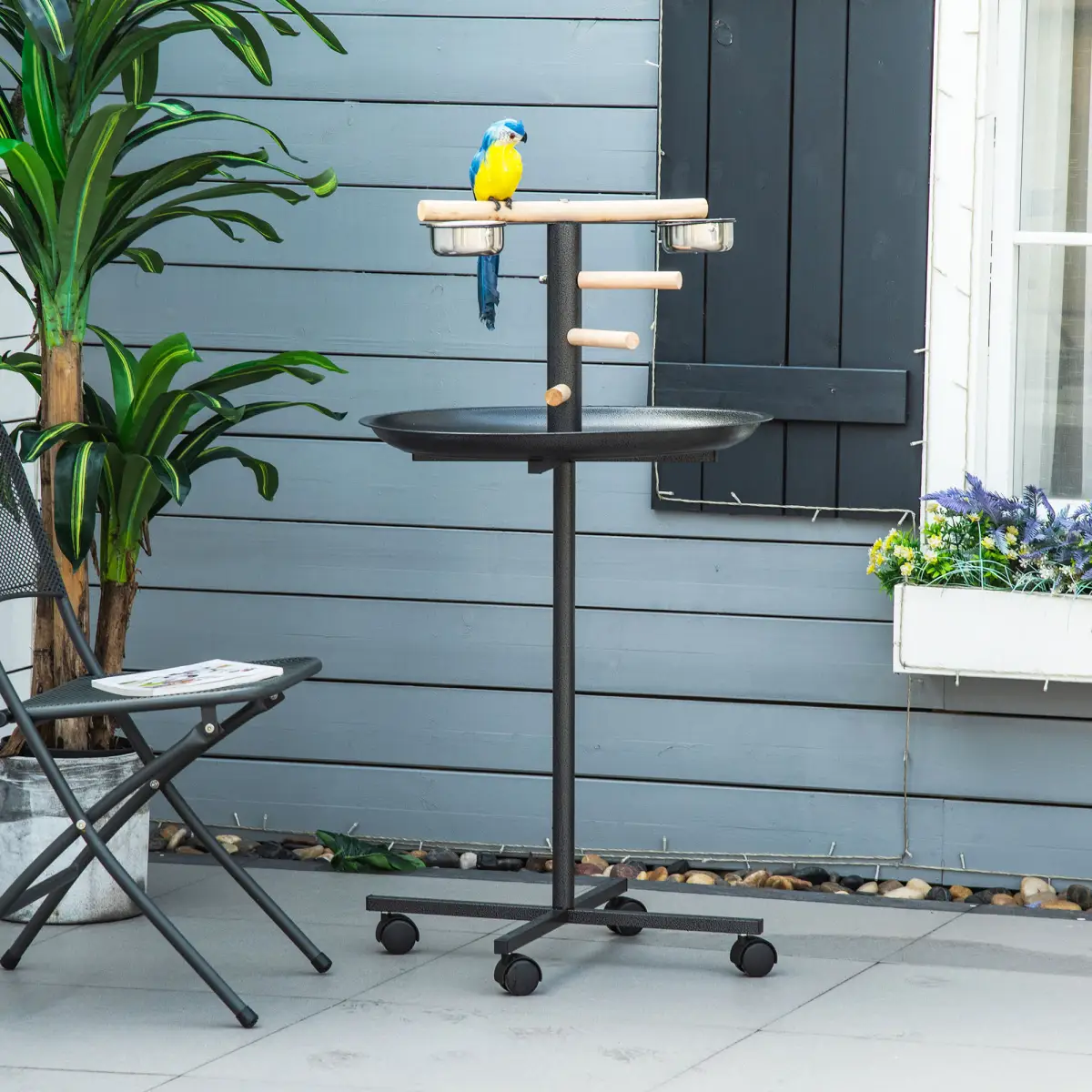 Bird Play Stand Portable Feeder Station w/ Wooden Perches, Stainless Steel Bowls by Pawhut