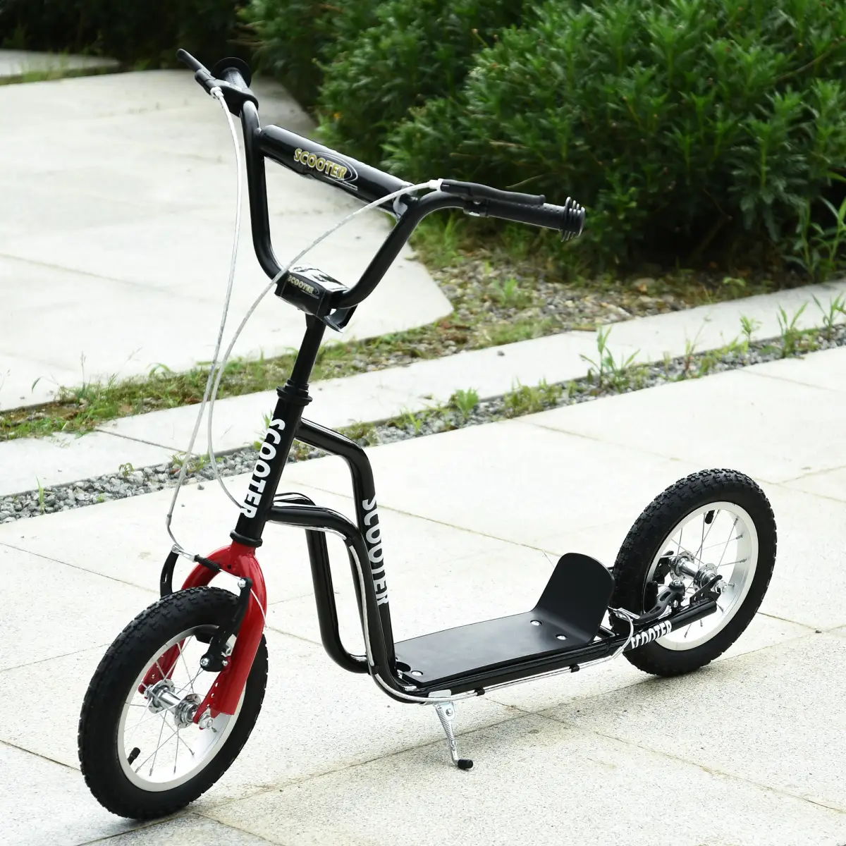 HOMCOM 75-80cm Kids Kick Scooter Adjustable Handlebar Inflatable Wheels Black by Unbranded