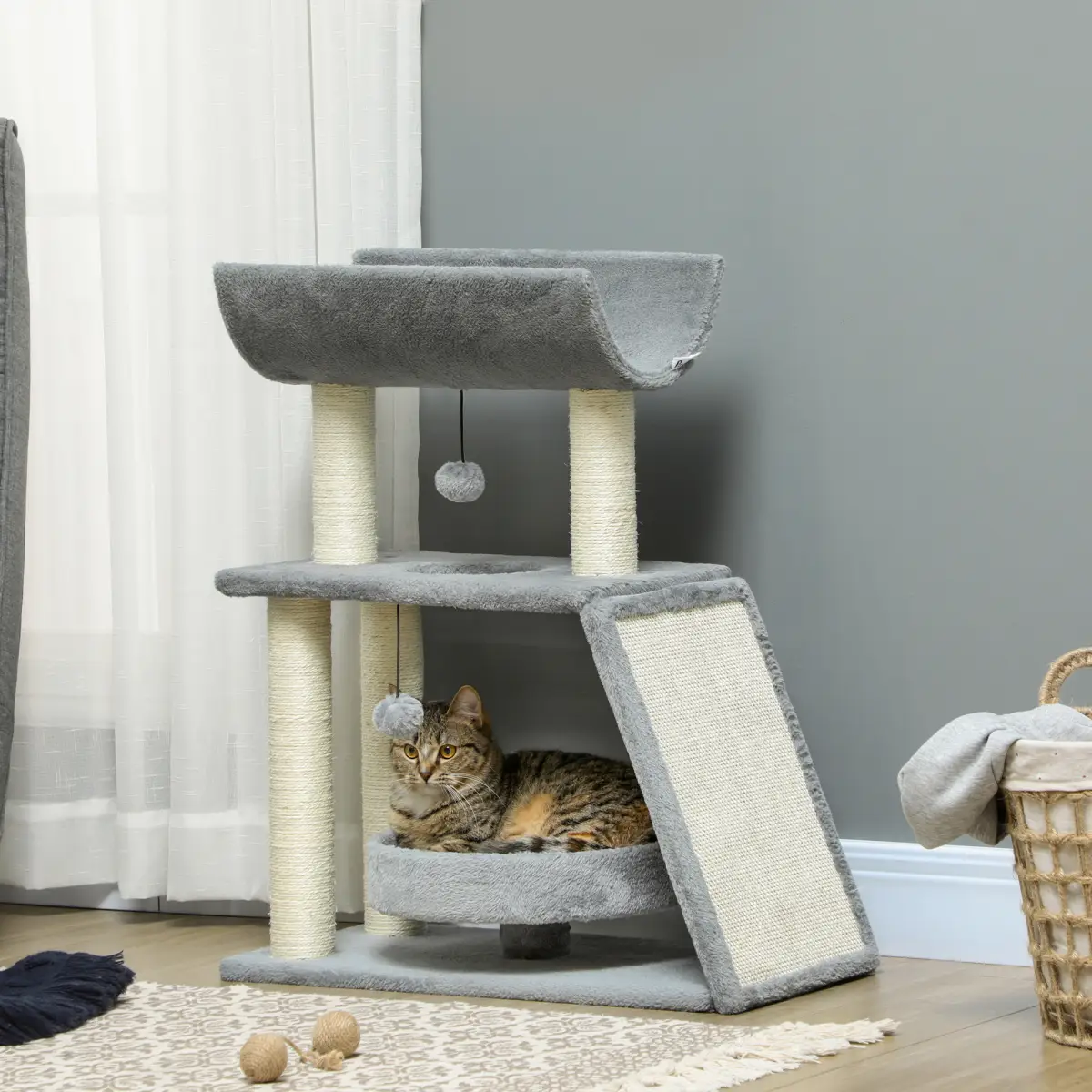 Cat Tree Tower for Indoor Cats w/ Scratching Posts, Pad, Light Grey, Toy Ball by PawHut