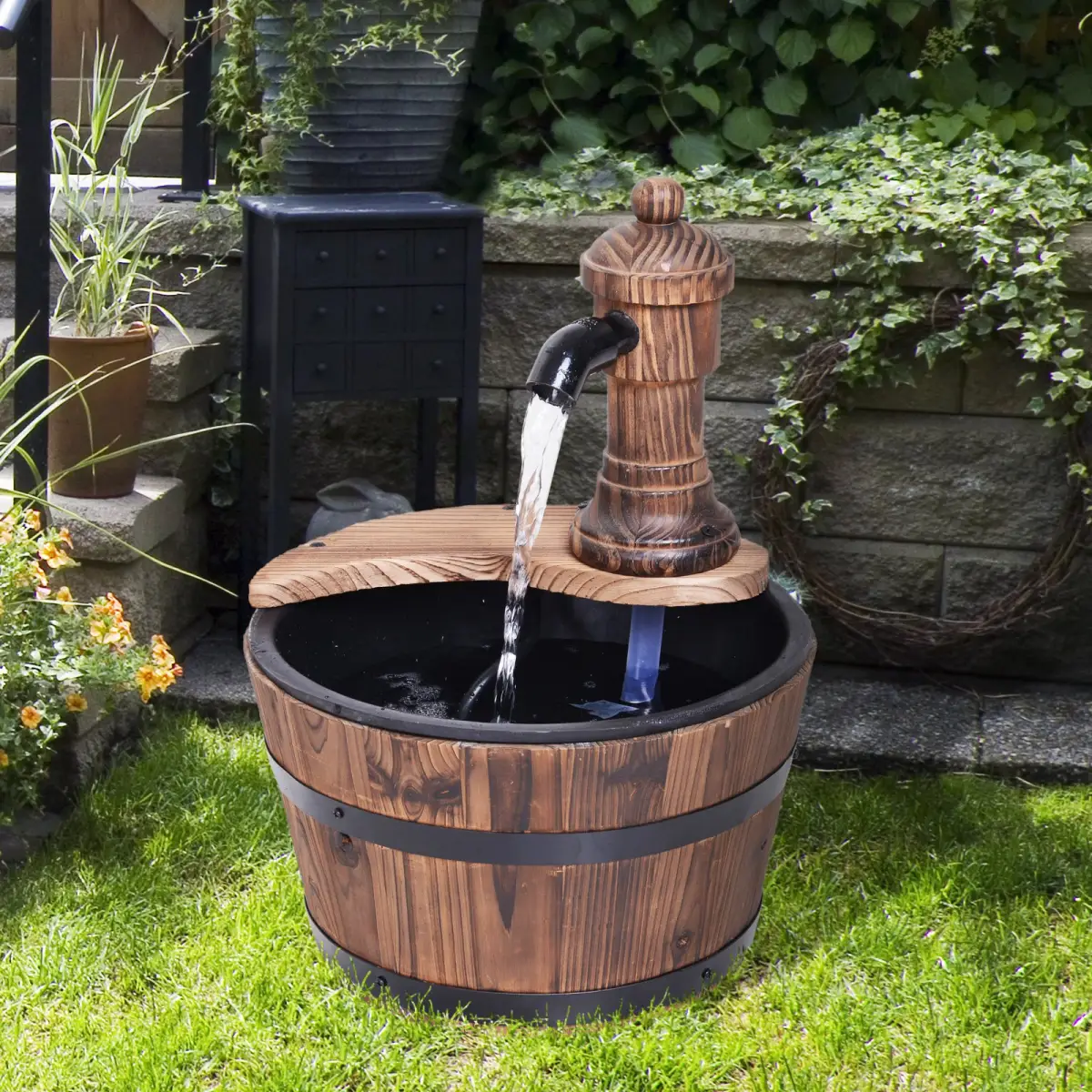 Outsunny Barrel Water Pump Fountain Rustic Wood Electric Water Feature Garden by Outsunny