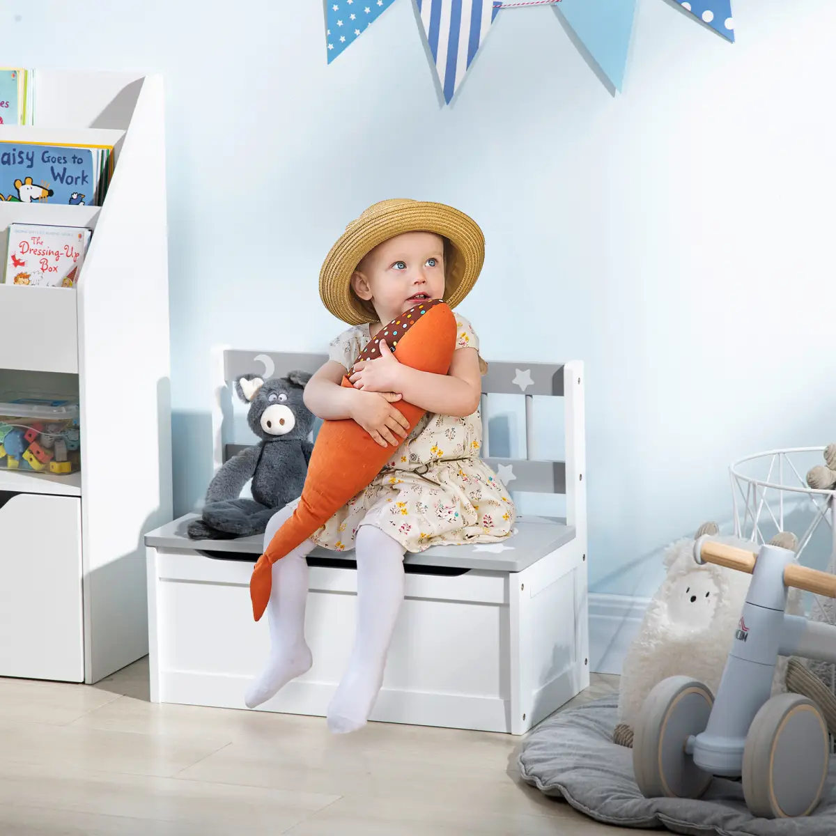 Two-In-One Wooden Toy Box, Kids Storage Bench w/ Safety Rod - Grey by Unbranded