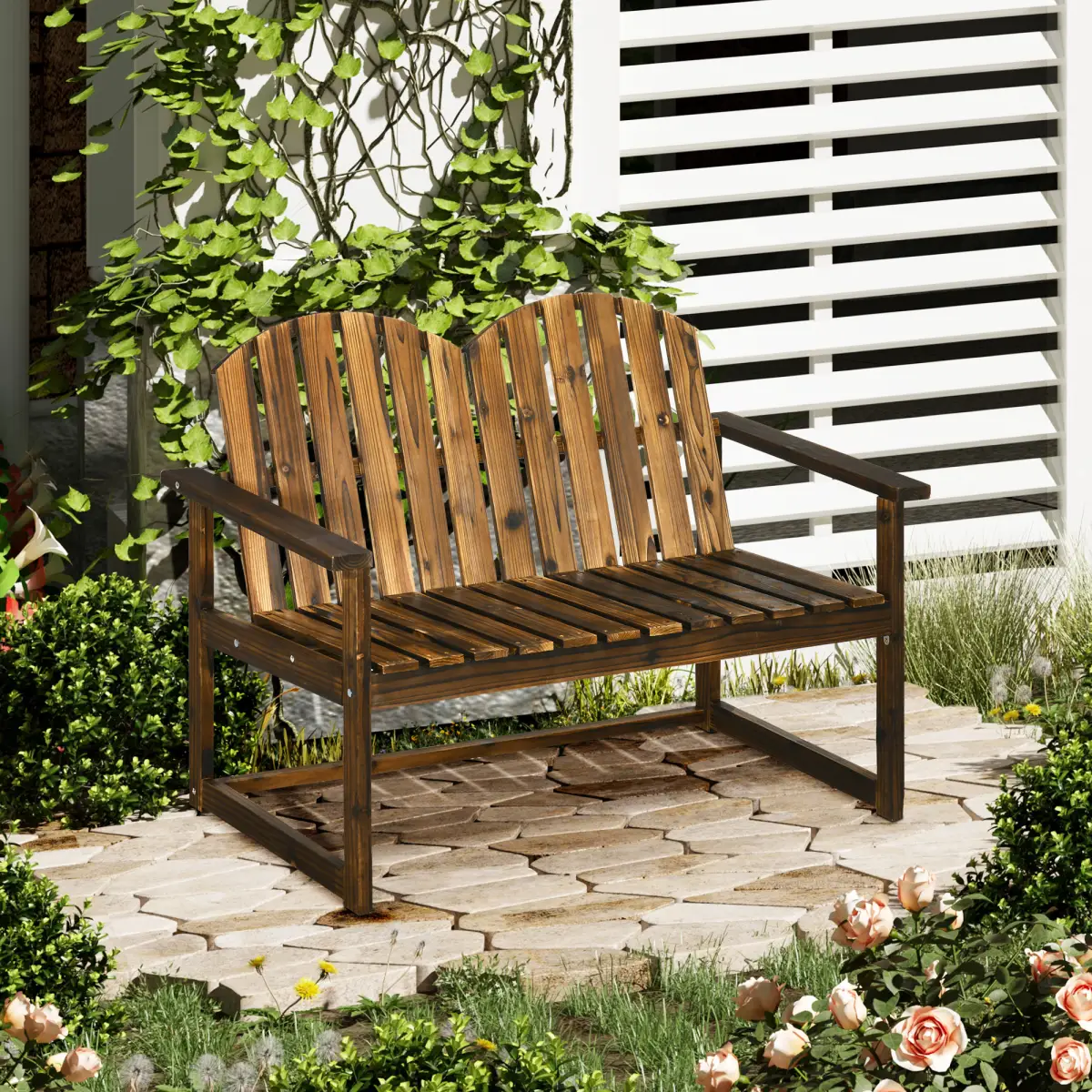 Outdoor Wooden Bench for Two People, Patio Loveseat Chair with Slatted Backrest by Outsunny