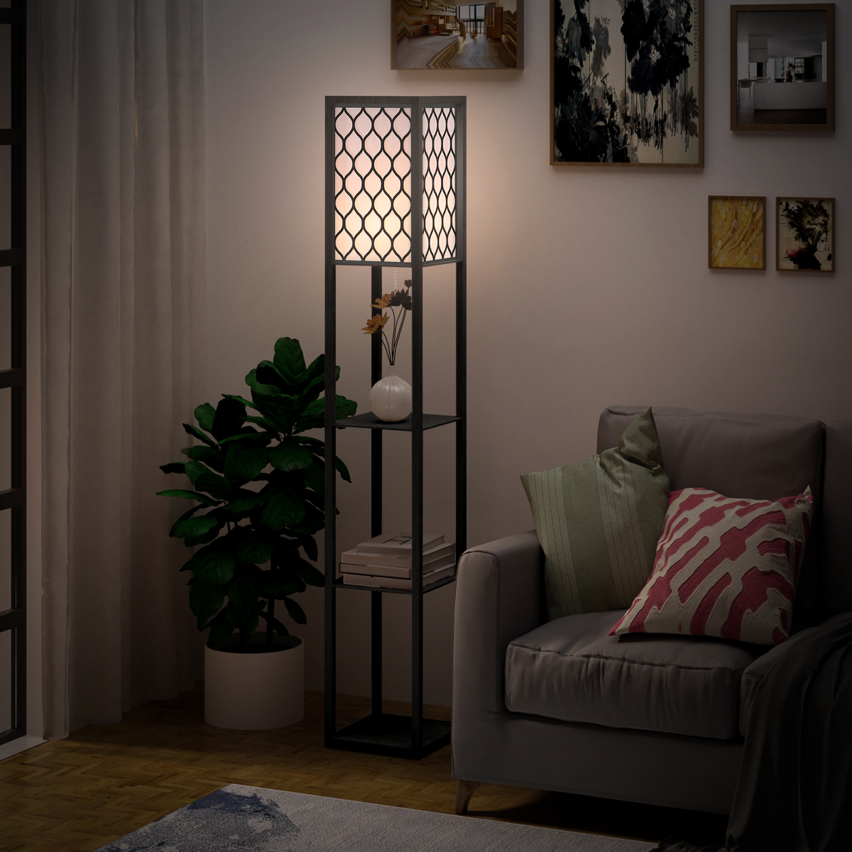 Shelf Floor Lamp W/4-tier Open Shelves Wooden, 26L x 26W x 160Hcm-Black/White by HOMCOM
