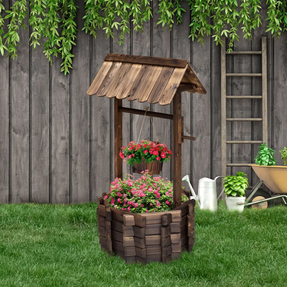 Wishing Well Planter Bucket, 60Lx55Wx 114H cm-Brown by Outsunny