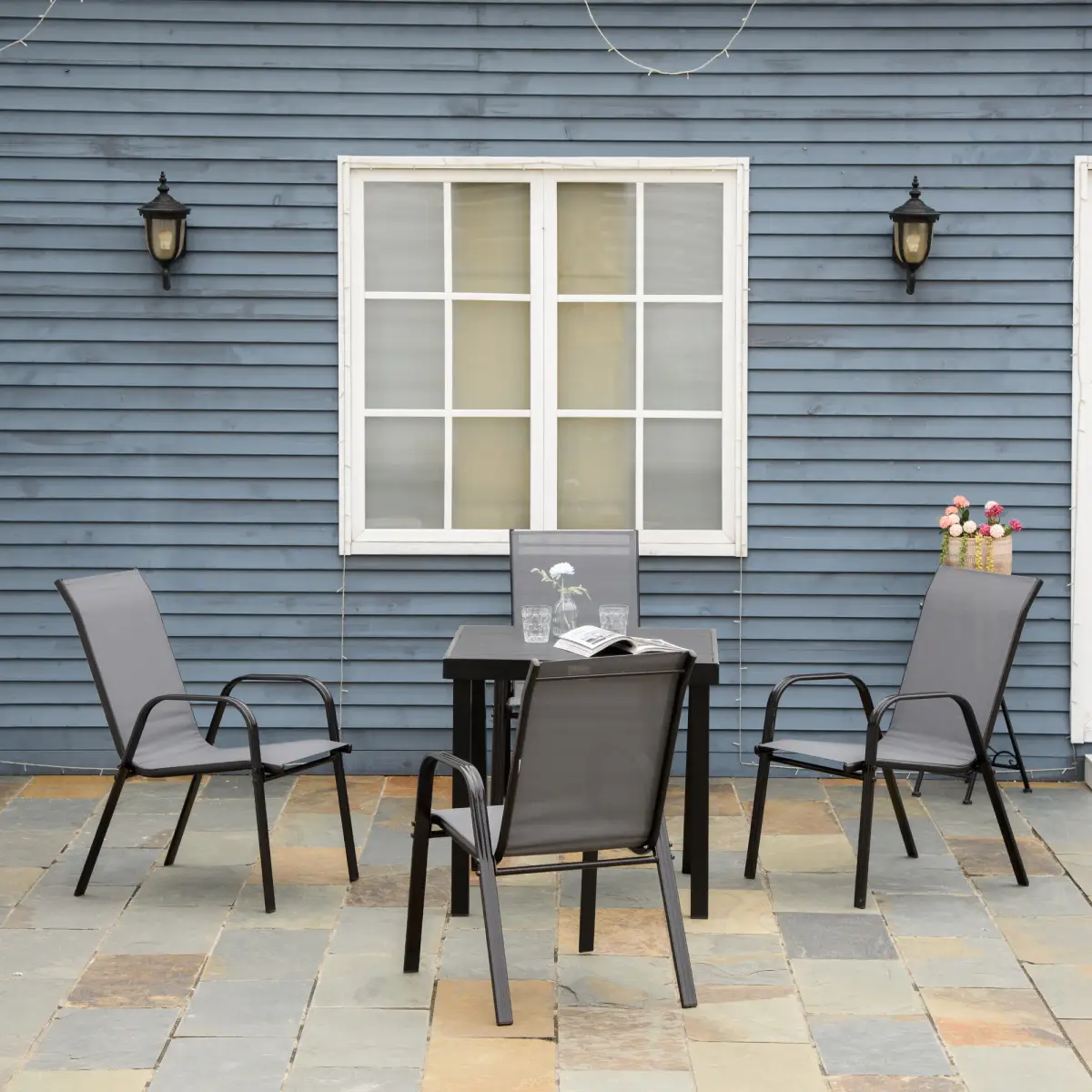 Set of 4 Garden Dining Chair Set Outdoor w/ High Back Armrest Grey Outsunny by Unbranded