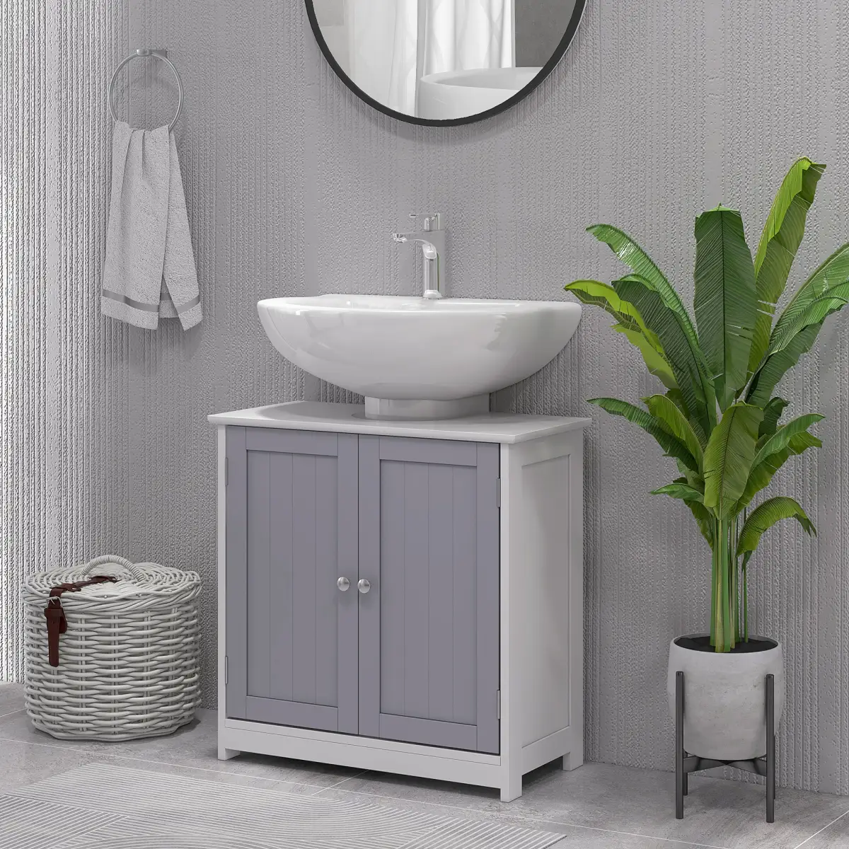kleankin 60x60cm Under-Sink Storage Cabinet w/ Adjustable Shelf Grey White by Unbranded