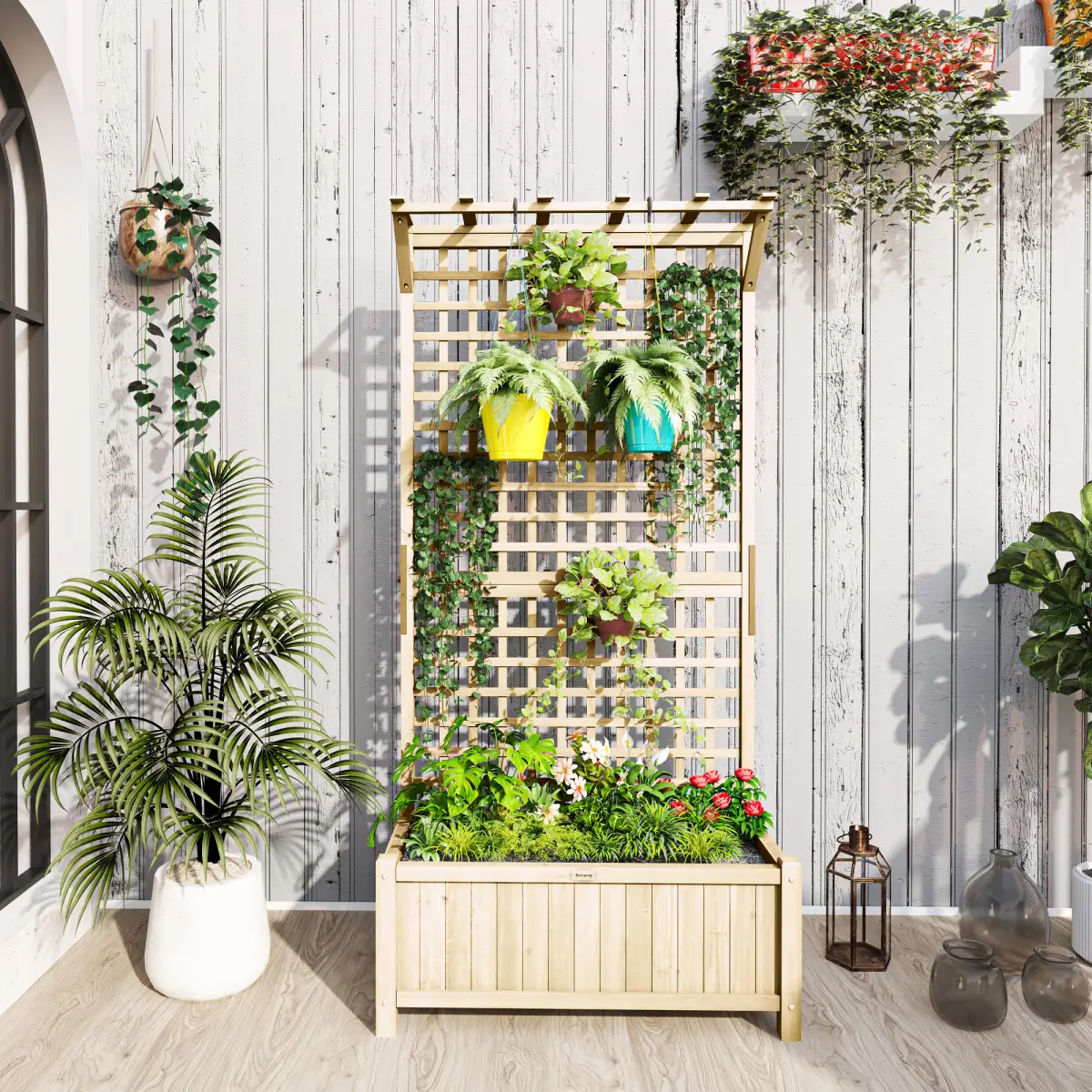 Outsunny Wood Planter with Trellis for Climbing Plants Vines Planter Box Natural by Outsunny