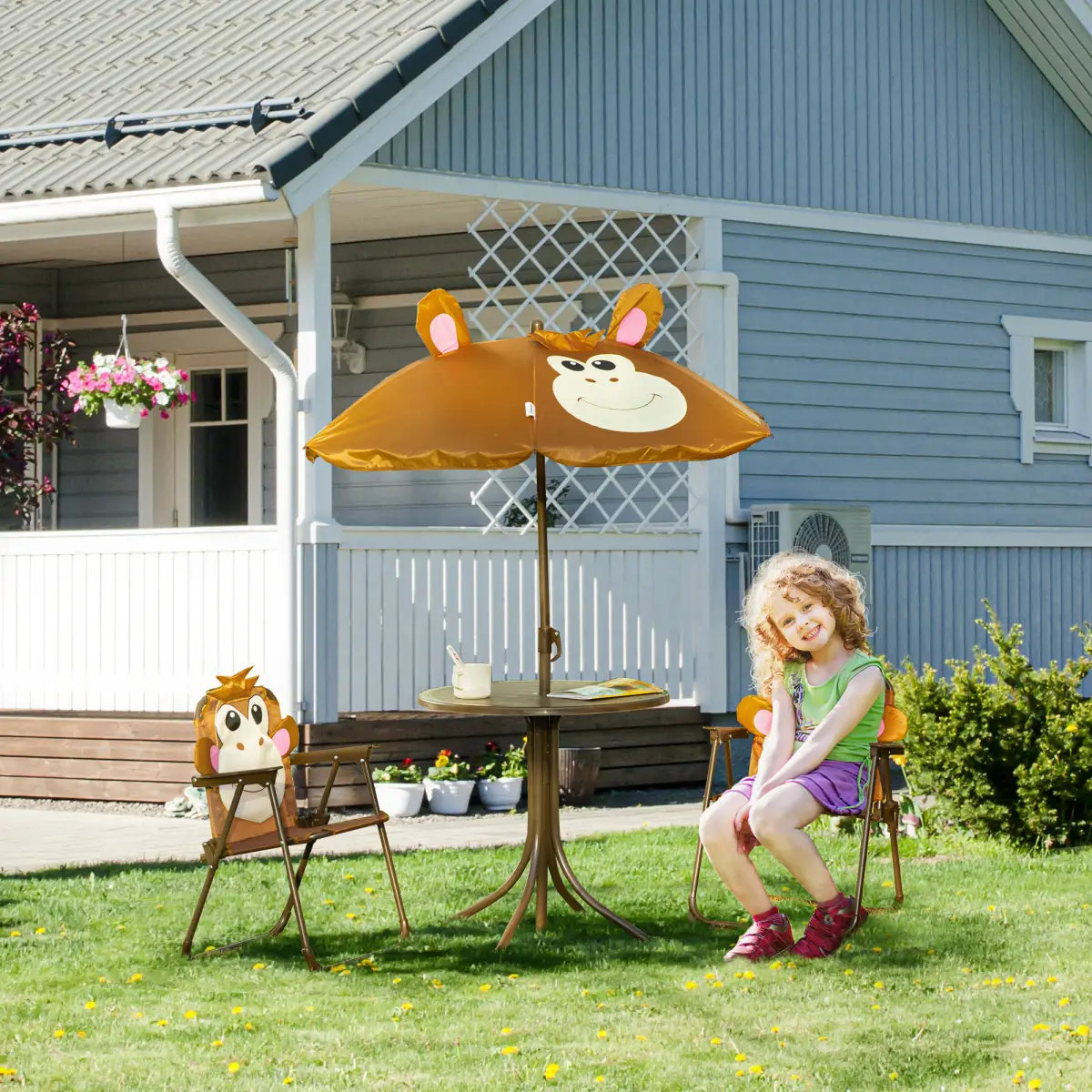 Kids Foldable Four-Piece Garden Set Table, Chairs, Umbrella by Outsunny