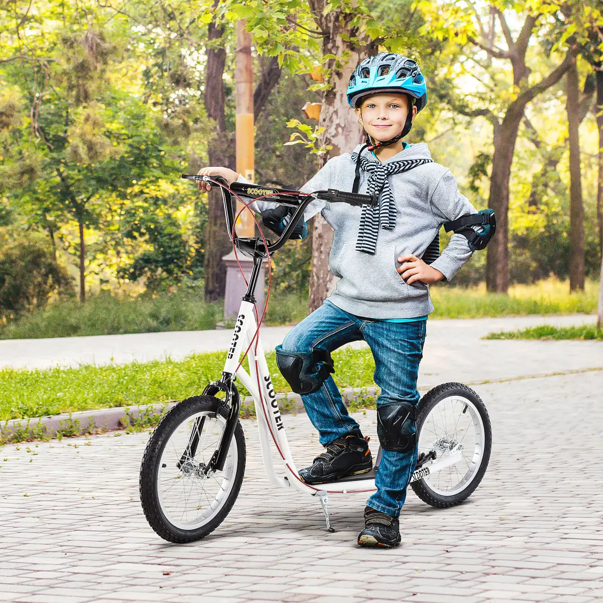 HOMCOM 90-96cm Kids Kick Scooter Adjustable Handlebar Inflatable Wheels White by Unbranded