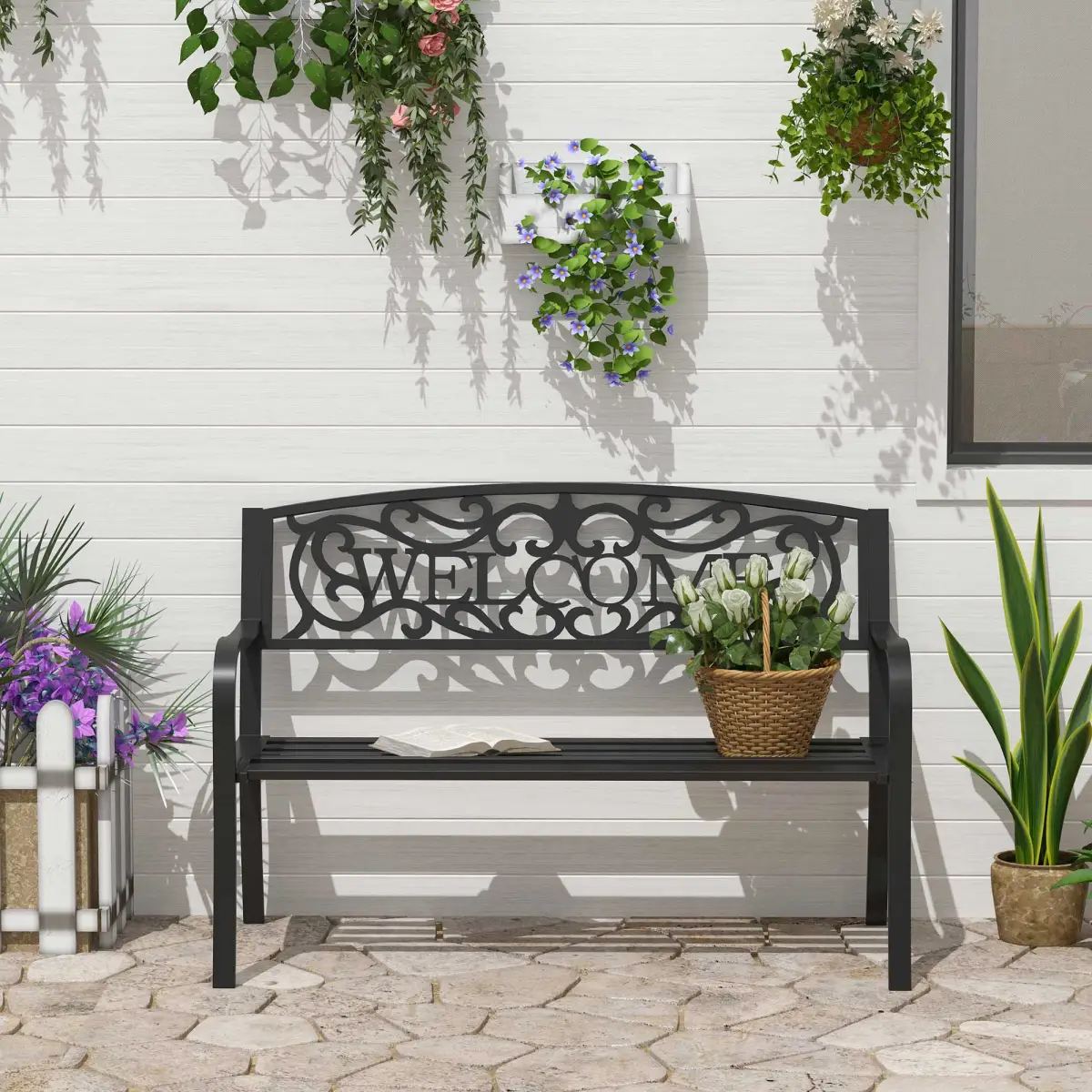 126Lx60Wx85H cm Steel Bench-Black by Outsunny