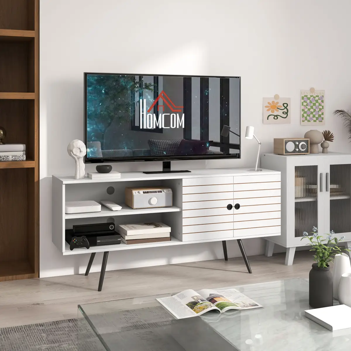 HOMCOM TV Unit for 65" TVs with 2 Open Shelves, Door and 2 Cable Holes, White by HOMCOM
