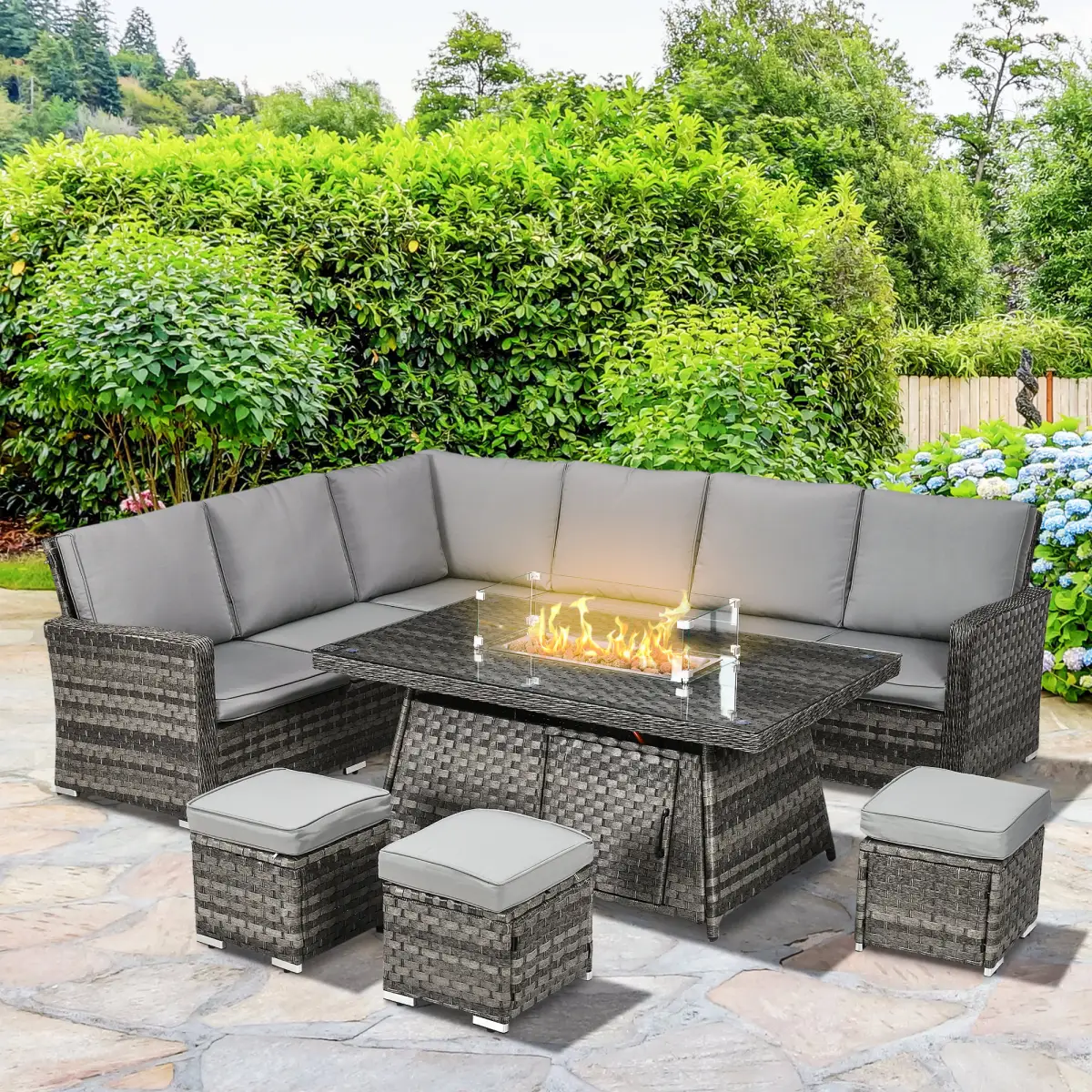 Outsunny 7 Pieces Rattan Garden Furniture Set w/ 50,000 BTU Gas Fire Pit Table by Outsunny
