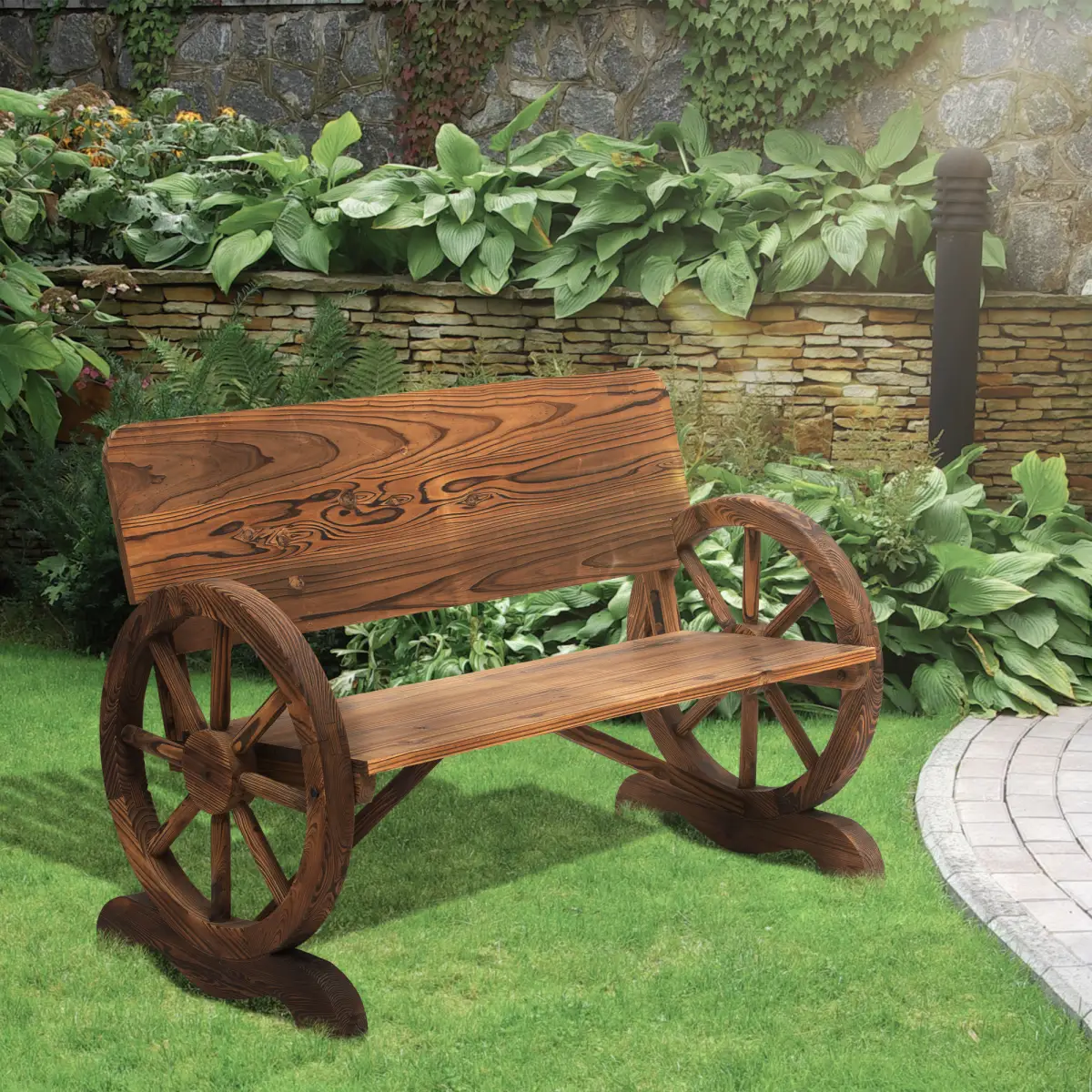 Fir Wood 2-Seater Outdoor Garden Wagon Wheel Bench by Outsunny