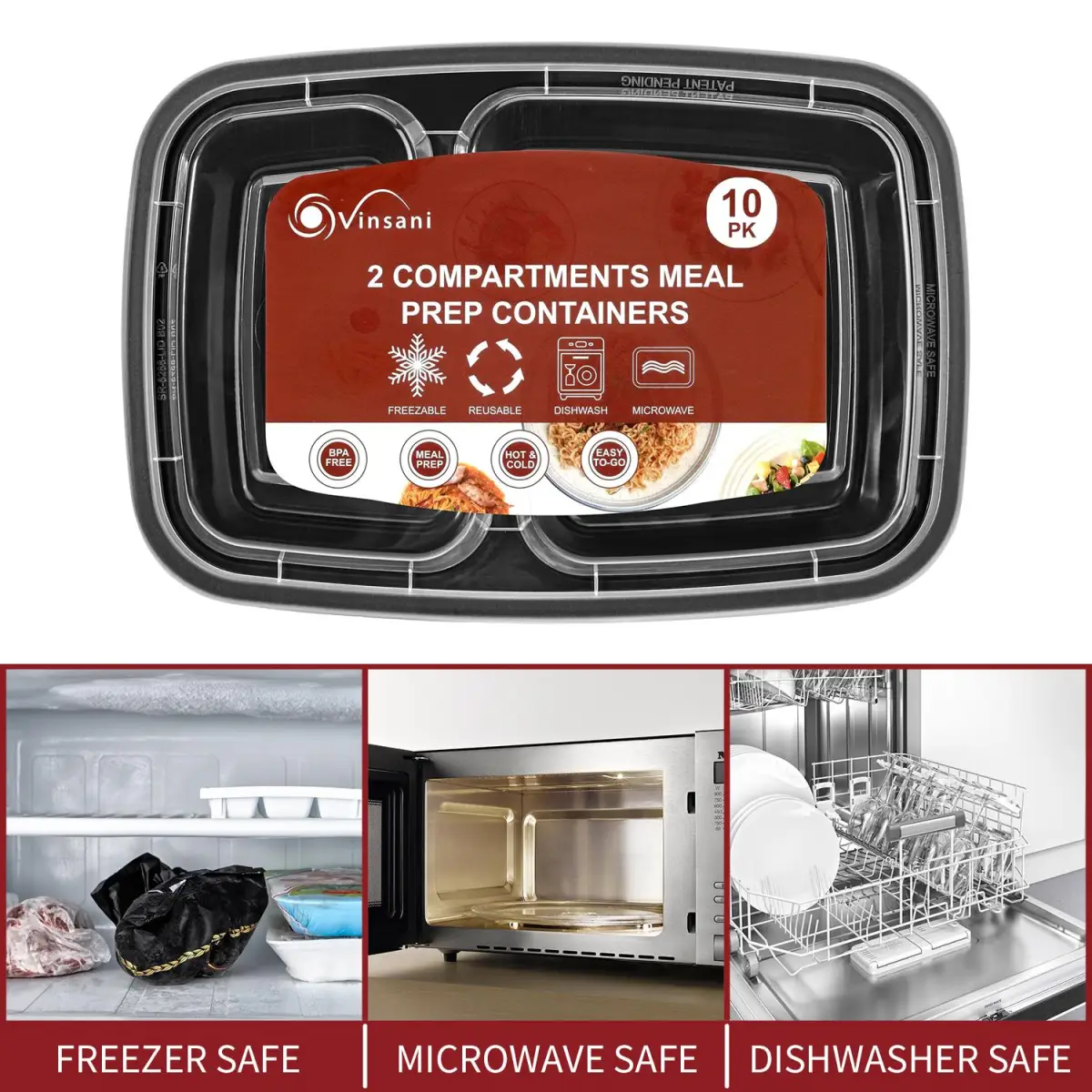 VINSANI 30pk 2 COMPARTMENTS MEAL PREP CONTAINERS 1010476 by Vinsani