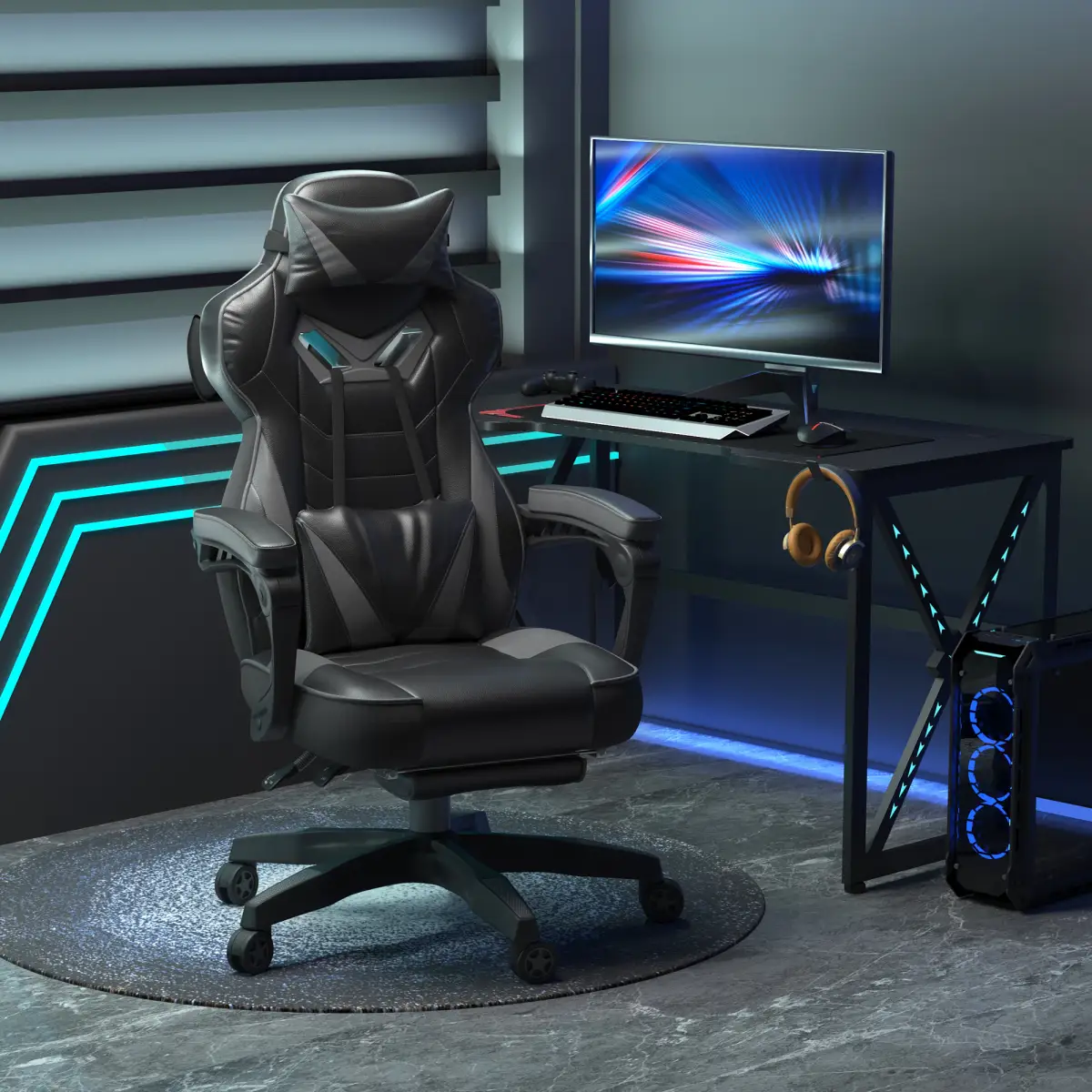 Gaming Chair Ergonomic Reclining w/ Manual Footrest Wheels Stylish Office Grey by Vinsetto