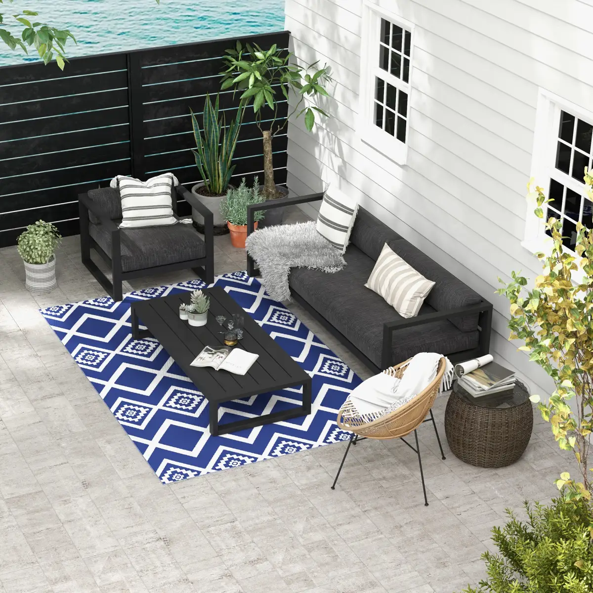 Outsunny Reversible Waterproof Outdoor Rug with Carry Bag, 182 x 274cm, Blue by Outsunny