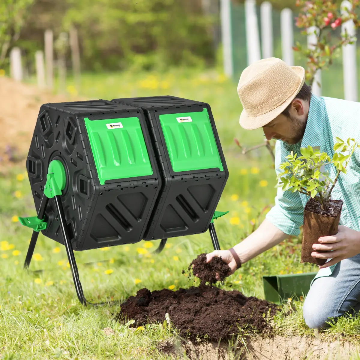 Outsunny 130L Compost Bin Dual Chamber Rotating Composter w/ Ventilation Holes by Outsunny
