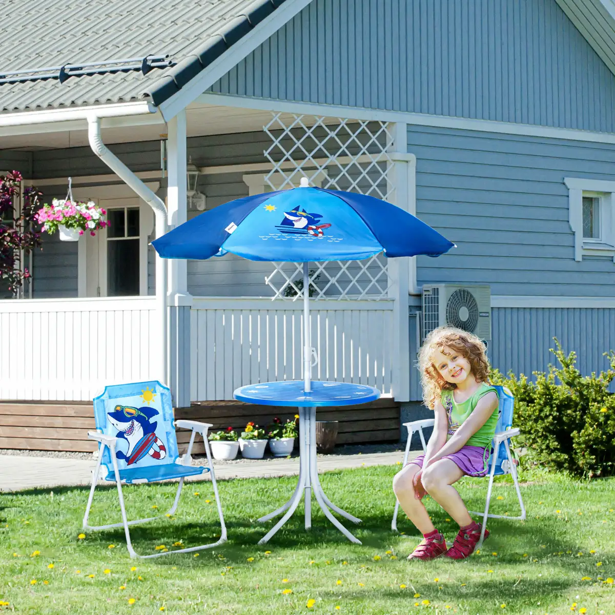 Kids Foldable Four-Piece Garden Set w/ Table, Chairs, Umbrella - Blue by Unbranded