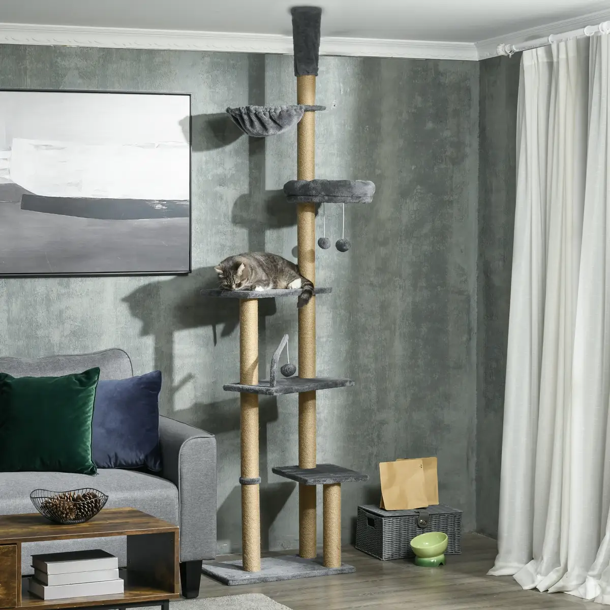 6-Tier Floor to Ceiling Cat Tree with Scratching Post, Bed, Hammock, Grey by PawHut