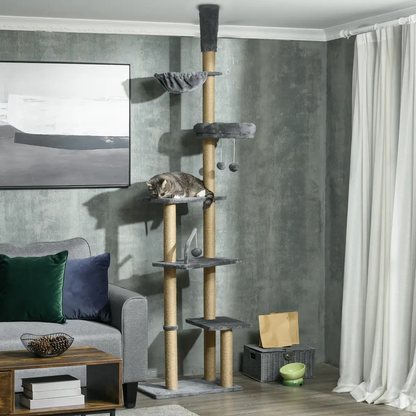 6-Tier Floor to Ceiling Cat Tree with Scratching Post, Bed, Hammock, Grey by PawHut