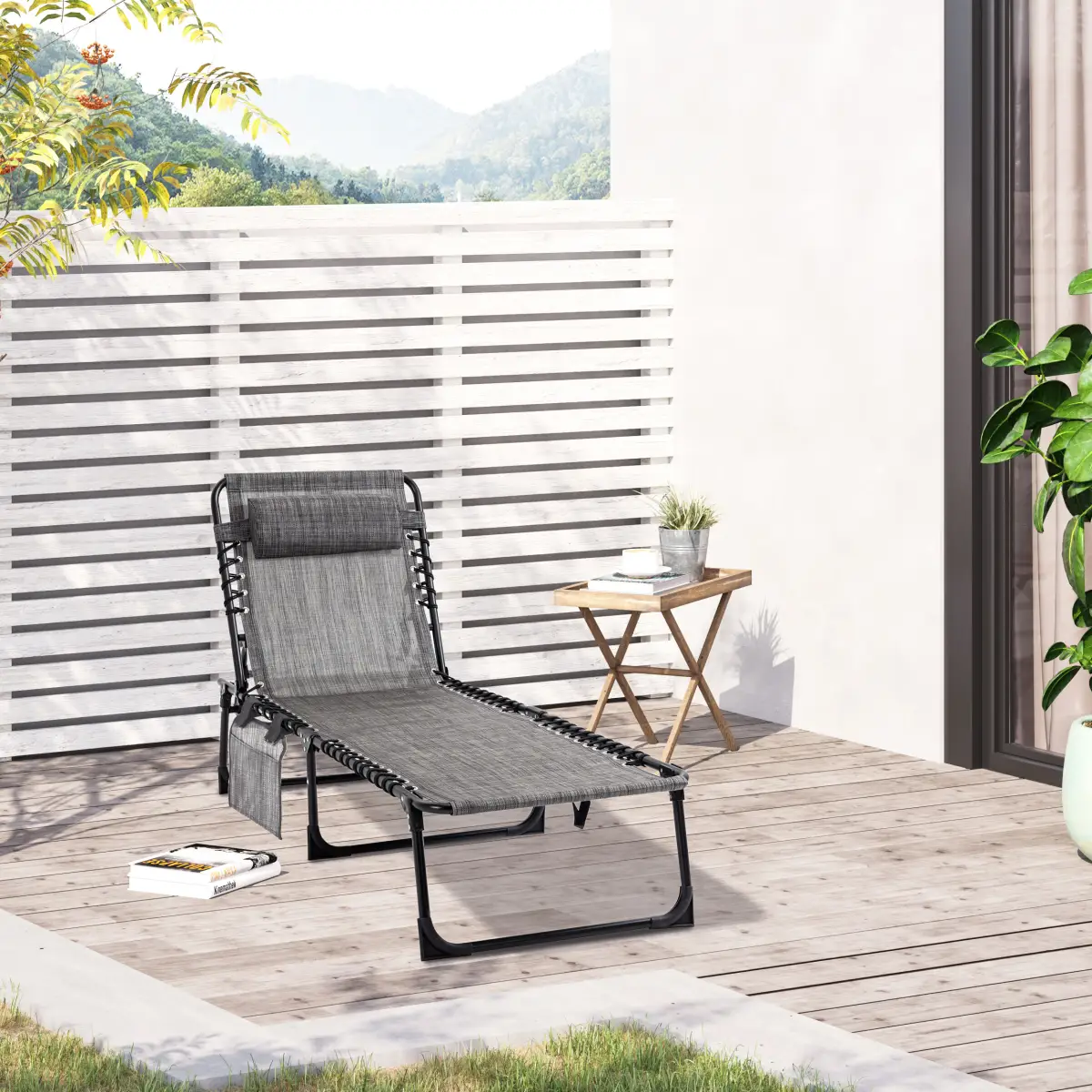 Portable Sun Lounger, Folding Camping Adjustable , Pillow Grey by Outsunny