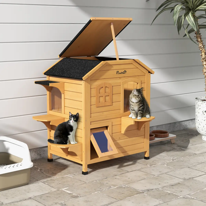 Wooden Cat House Cat Cave Pet Shelter Condos Outdoor Natural Wood Finish by PawHut