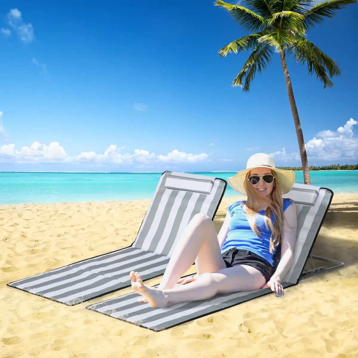 Outsunny 2 Pieces Outdoor Beach Mat Steel Reclining Chair Set w/ Pillow Grey by Outsunny