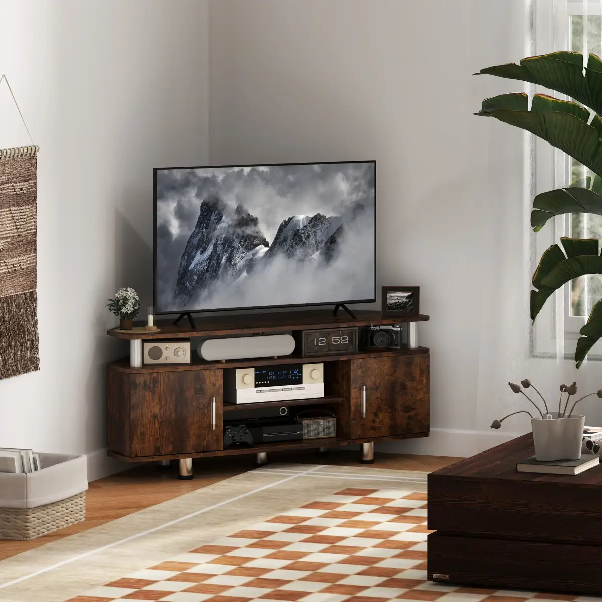HOMCOM TV Unit Cabinet with Storage Shelves Entertainment Center Rustic Brown by HOMCOM