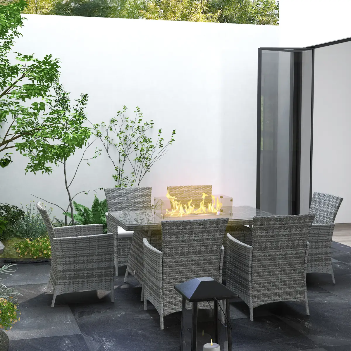 Outsunny PE Rattan Dining Set with Fire Pit Table and Cushioned Armchairs, Grey by Outsunny