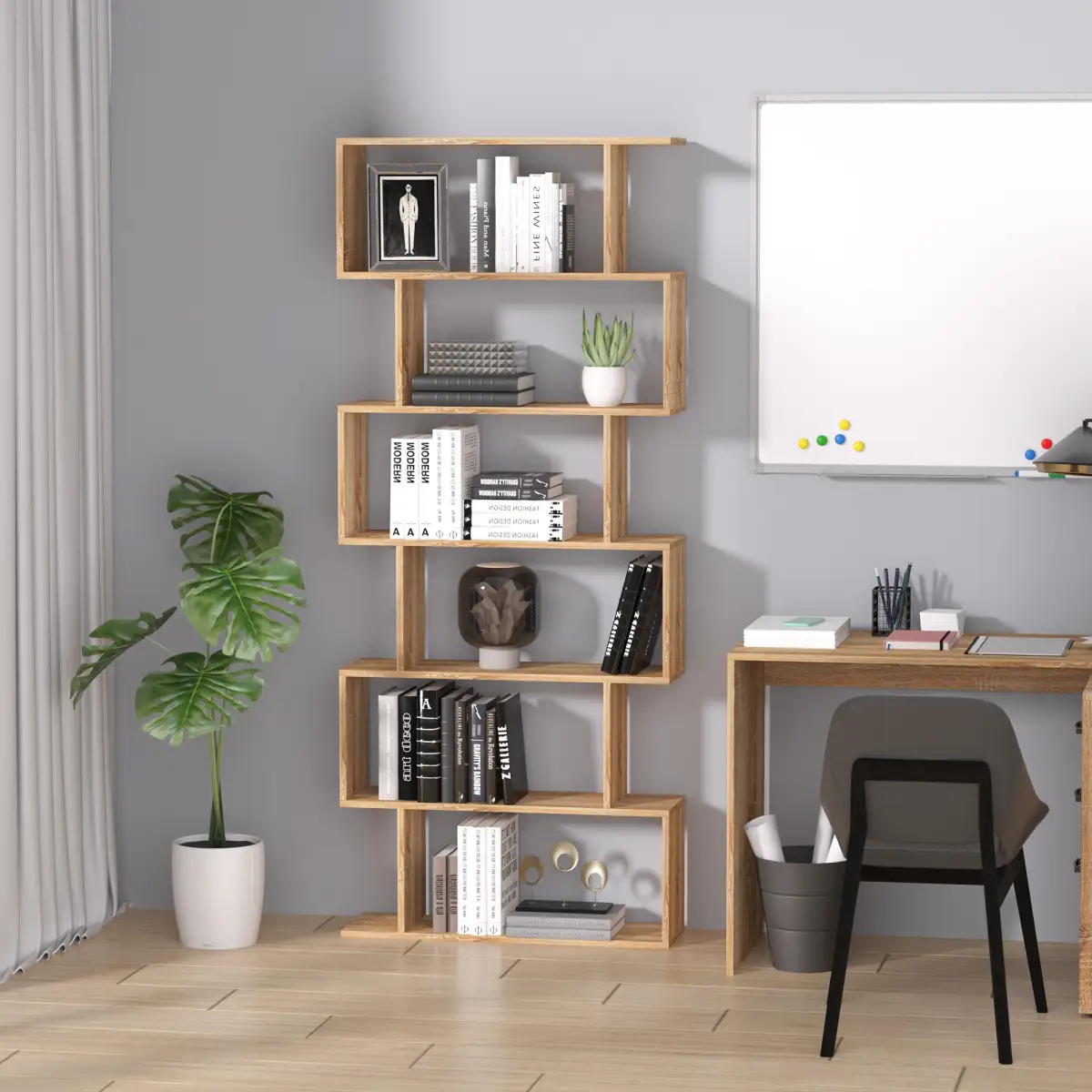 6-Tier Wooden Modern S-Shaped Shelf Storage Unit Home Office Oak Colour by Unbranded