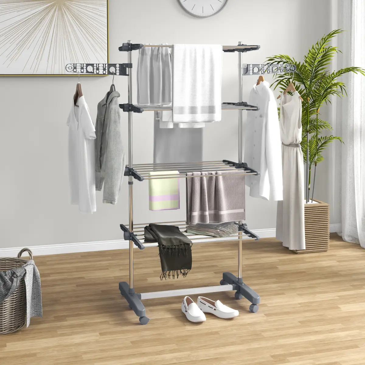 HOMCOM 4-Tier Large Clothes Airer Stainless Steel Clothes Drying Rack Grey by HOMCOM