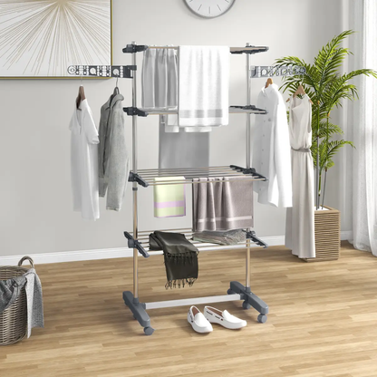HOMCOM 4-Tier Large Clothes Airer Stainless Steel Clothes Drying Rack Grey by HOMCOM