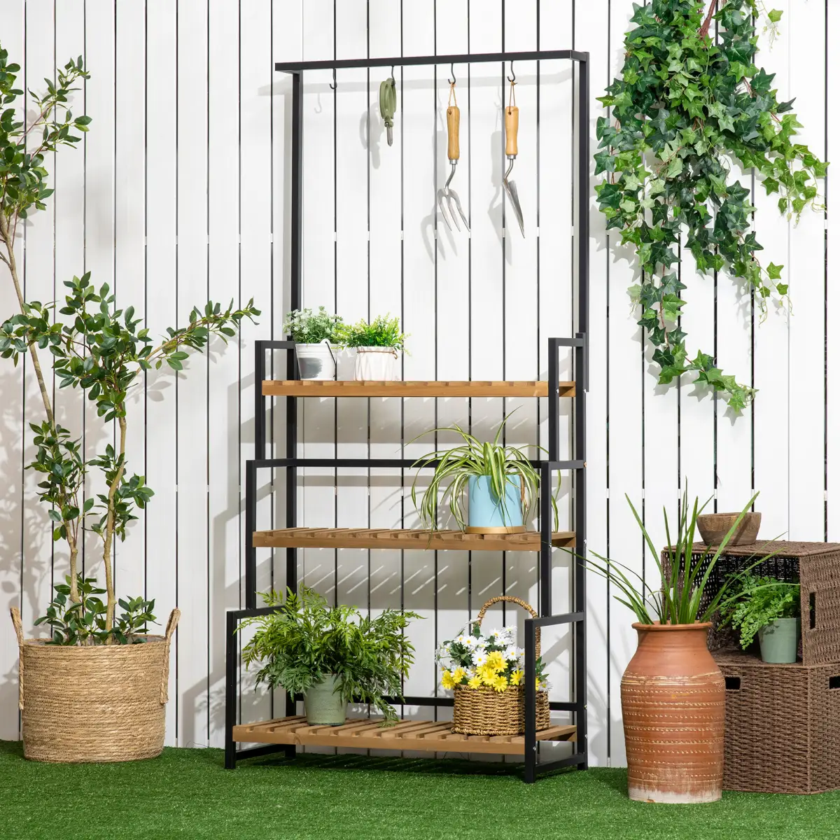 3 Tiered Plant Stand Rack with Hanging Hooks for Indoor Outdoor Decoration by Outsunny