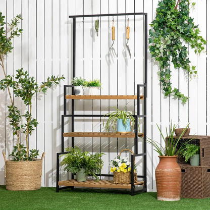 3 Tiered Plant Stand Rack with Hanging Hooks for Indoor Outdoor Decoration by Outsunny