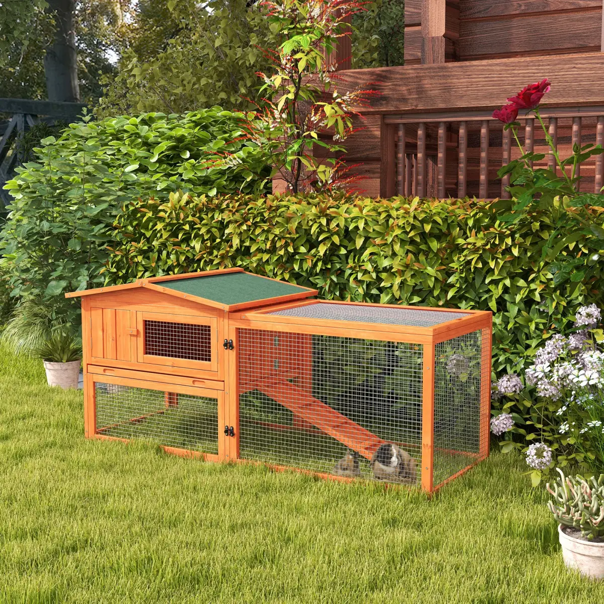 Rabbit Hutch and Run Outdoor Sliding Tray Hay Rack Ramp, 156x58x68 cm Pawhut by Unbranded