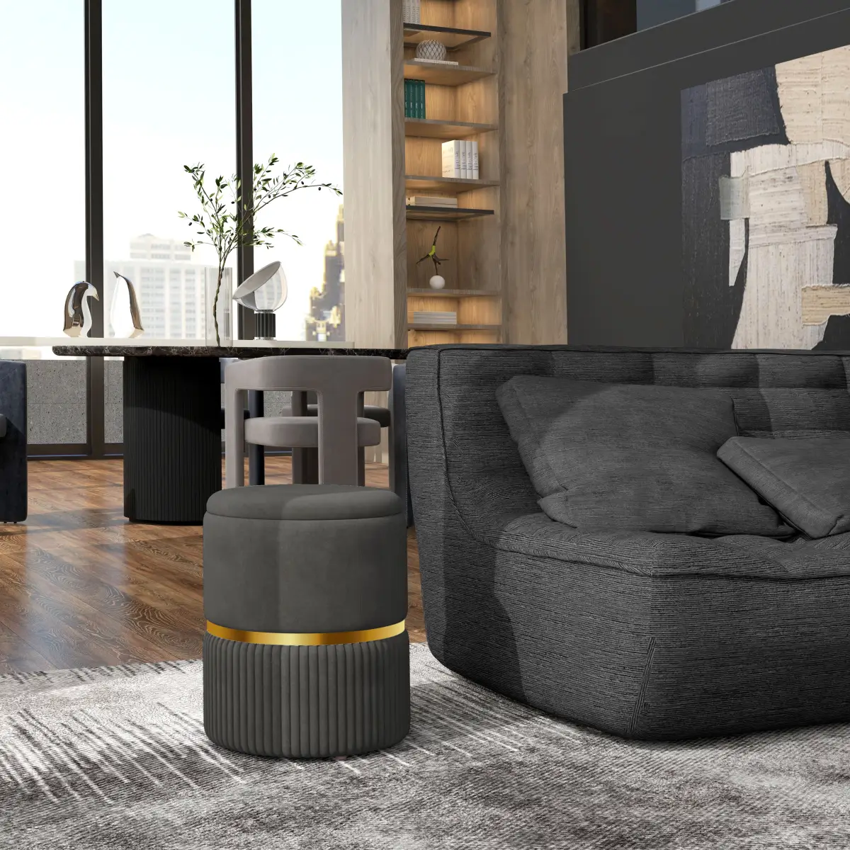 HOMCOM Round Pouffe, Storage Footstool with Cushioned Top, Hidden Space by HOMCOM